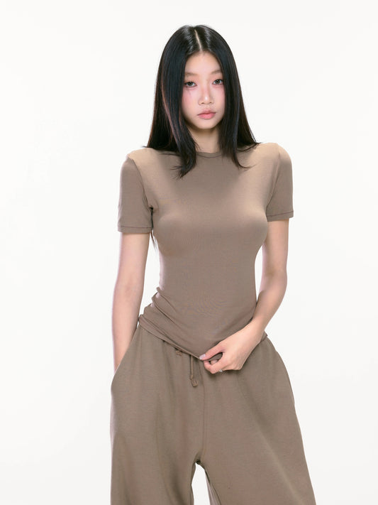 WITHMIN short-sleeved women's T-shirt summer 2025 new slim waist slimming top straight shoulder versatile temperament women's clothing