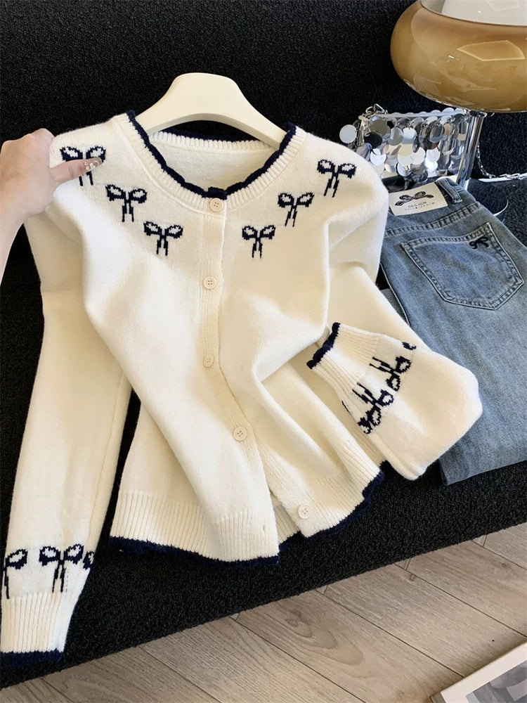 Jade Closet direct store recommendation ~ High-end sweet style bow jacquard knitted cardigan sweater jacket