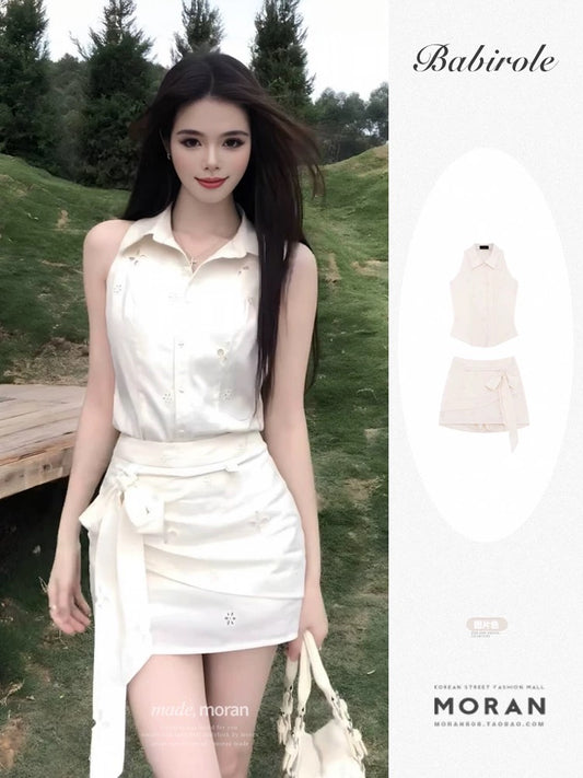 Pure desire sweet and spicy summer wear a complete set of beautiful suits slim hollow sleeveless shirt top half-length short skirt