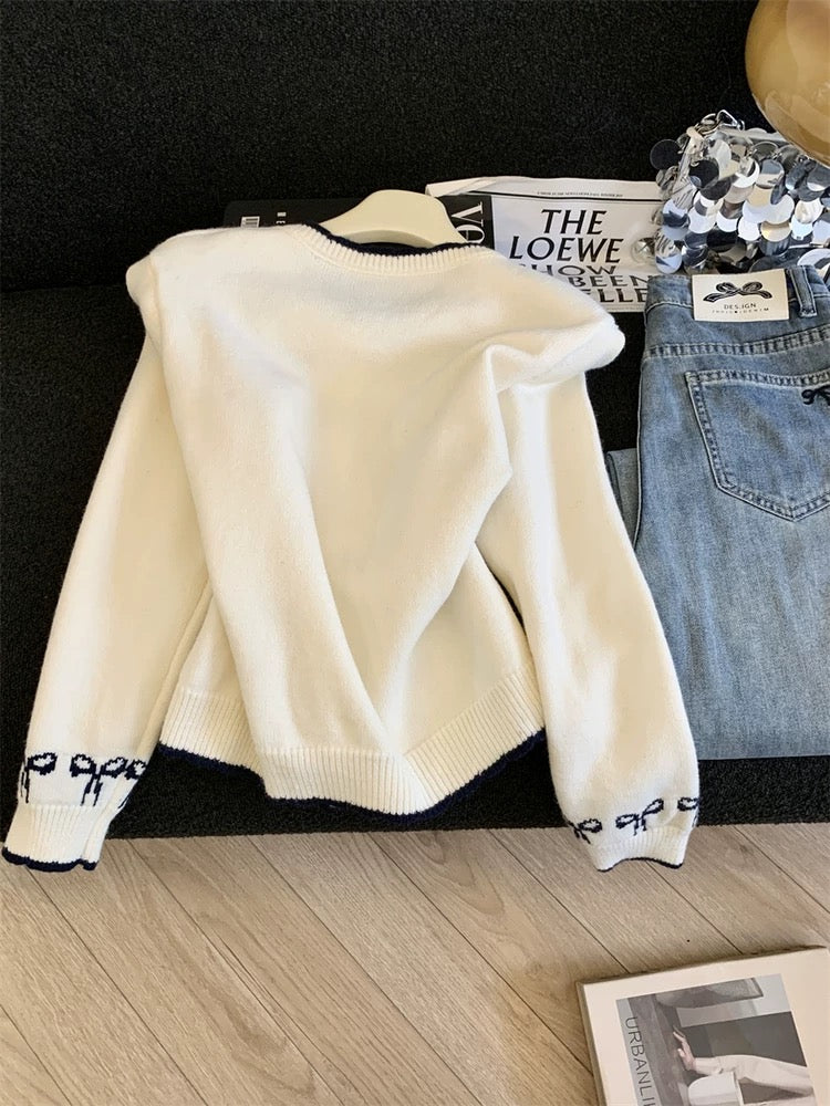 Jade Closet direct store recommendation ~ High-end sweet style bow jacquard knitted cardigan sweater jacket