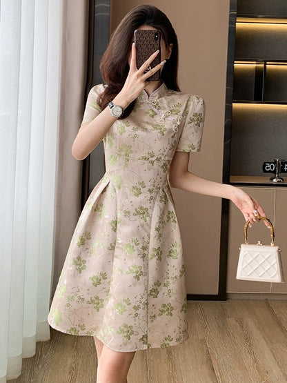 High-end French jacquard improved version of cheongsam dress for women summer new style ladylike temperament small A-line skirt