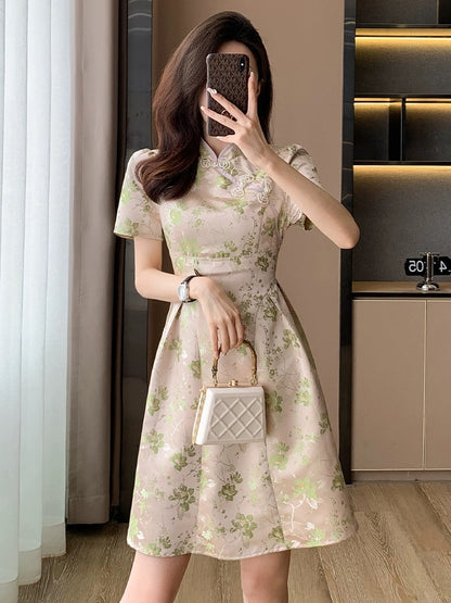 High-end French jacquard improved version of cheongsam dress for women summer new style ladylike temperament small A-line skirt