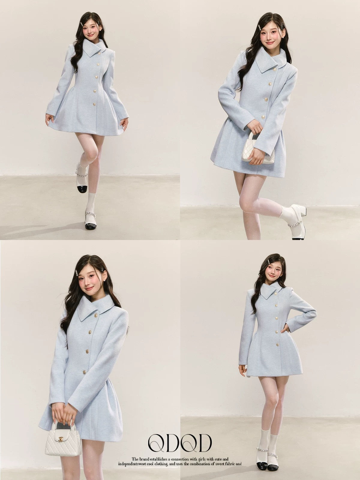 QDQD's elegant blue wool coat is a new autumn style, featuring a pleated, waist-cinching design that flatters the figure.