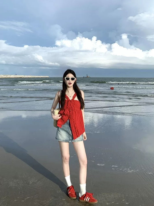 Pure desire hot girl two-piece set halter neck sleeveless camisole female summer niche unique beautiful unique off-shoulder top