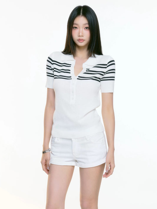 WITHMIN knitted short-sleeved women's slim fit straight shoulder white polo collar tops women's high-end beautiful summer clothes