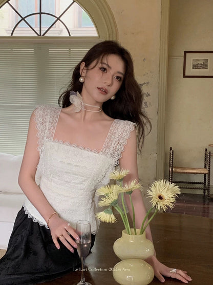 French-style elegant and sophisticated multi-layered lace-trimmed square neck vest top for women, romantic and high-end feel.