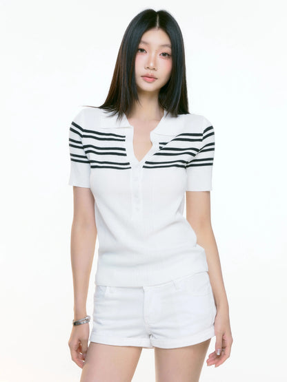 WITHMIN knitted short-sleeved women's slim fit straight shoulder white polo collar tops women's high-end beautiful summer clothes