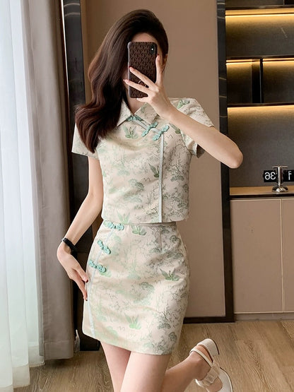 New Chinese style national style suit skirt for women summer new women's improved cheongsam short skirt two-piece dress