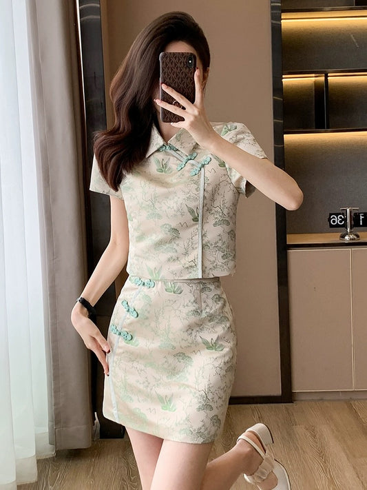 New Chinese style national style suit skirt for women summer new women's improved cheongsam short skirt two-piece dress