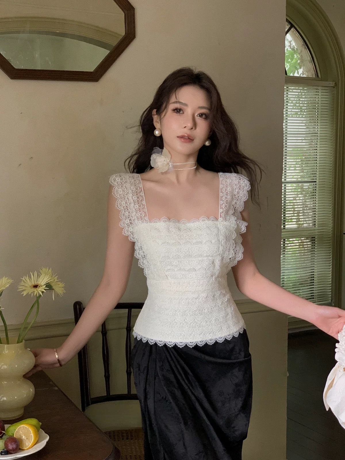 French-style elegant and sophisticated multi-layered lace-trimmed square neck vest top for women, romantic and high-end feel.