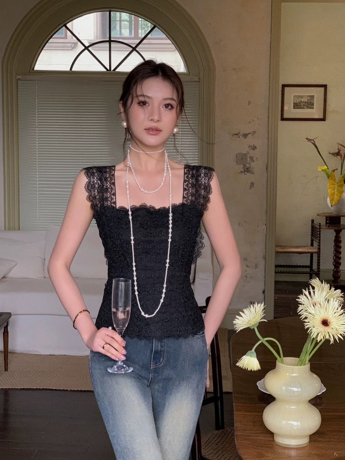 French-style elegant and sophisticated multi-layered lace-trimmed square neck vest top for women, romantic and high-end feel.