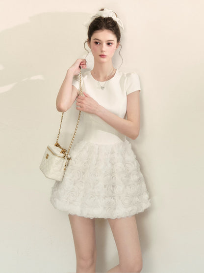 QDQD Elegant White Dress for Summer, Slimming Waist-Defining, Three-Dimensional Floral Design, Heavy-Duty A-Line Skirt