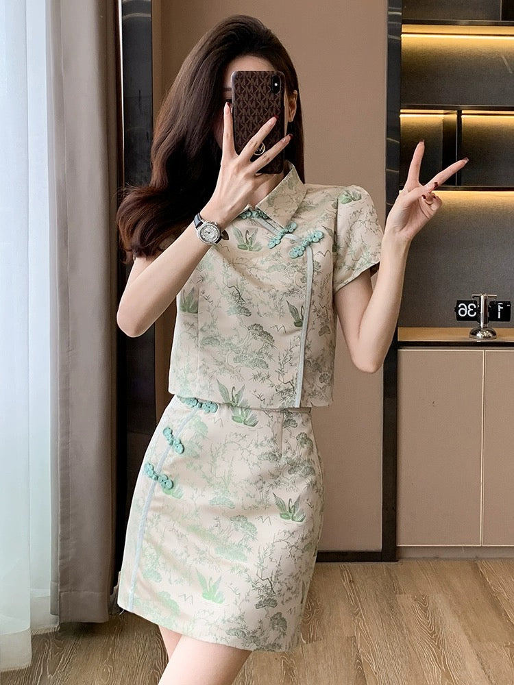 New Chinese style national style suit skirt for women summer new women's improved cheongsam short skirt two-piece dress
