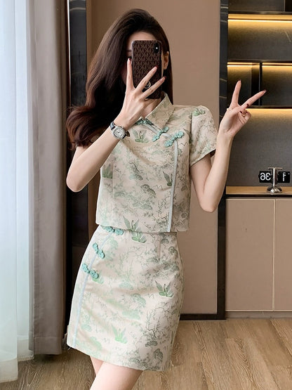 New Chinese style national style suit skirt for women summer new women's improved cheongsam short skirt two-piece dress