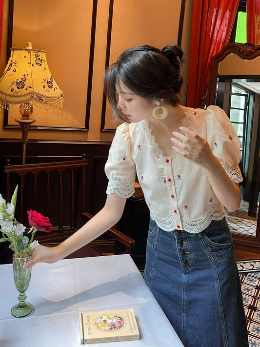 Dear Nana French chic tulip embroidery high-end loose retro short shirt 3196 original