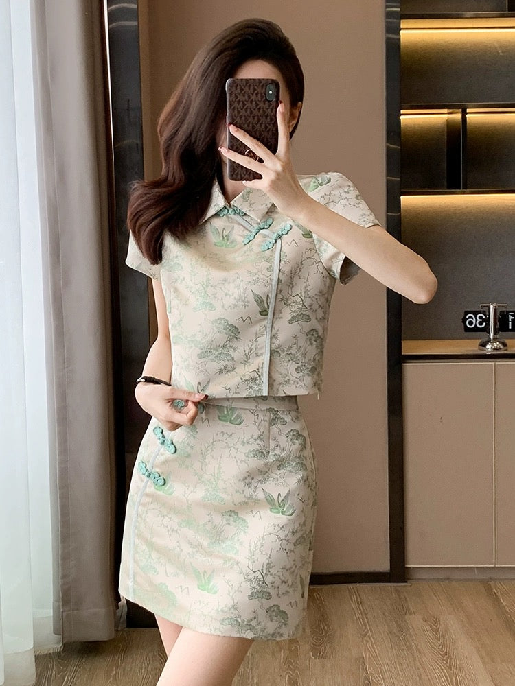 New Chinese style national style suit skirt for women summer new women's improved cheongsam short skirt two-piece dress