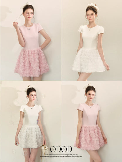 QDQD Elegant White Dress for Summer, Slimming Waist-Defining, Three-Dimensional Floral Design, Heavy-Duty A-Line Skirt