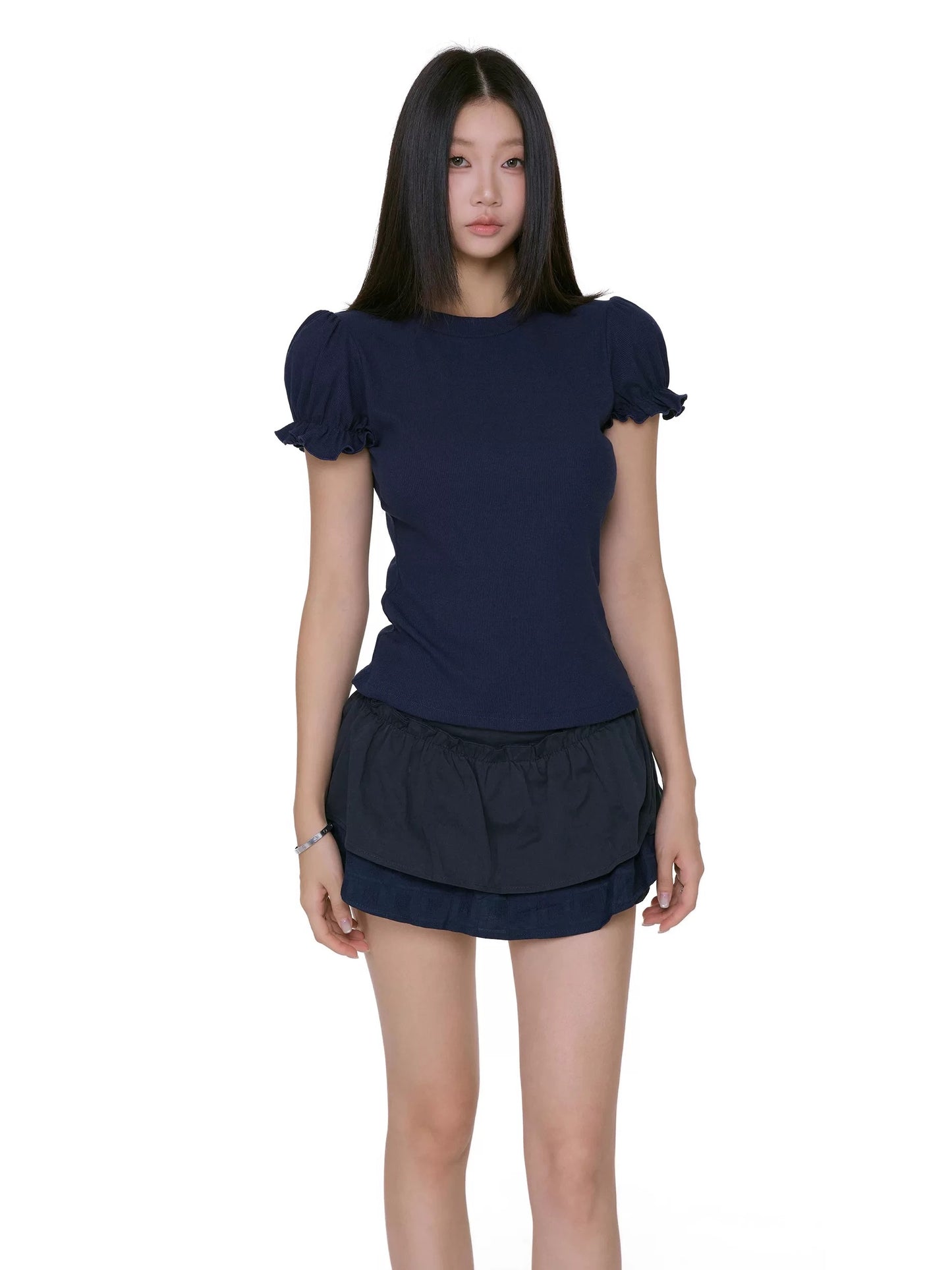 WITHMIN short-sleeved women's t-shirt 2025 new slim shoulder beautiful bubble sleeve slim top women's summer