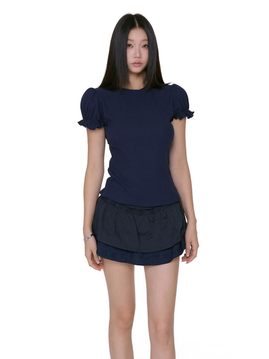 WITHMIN short-sleeved women's t-shirt 2025 new slim shoulder beautiful bubble sleeve slim top women's summer