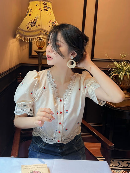 Dear Nana French chic tulip embroidery high-end loose retro short shirt 3196 original