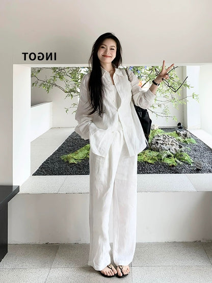 Cotton and linen women's high-end suit casual sports white shirt spring and summer fashion temperament linen sunscreen shirt two-piece set