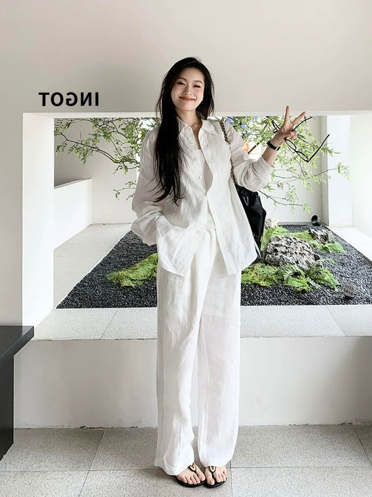 Cotton and linen women's high-end suit casual sports white shirt spring and summer fashion temperament linen sunscreen shirt two-piece set