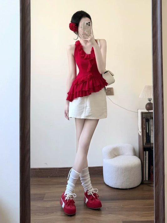 Salty hot girl wears a complete set of halter neck lace irregular red top sleeveless summer short skirt suit