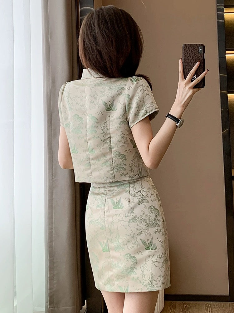 New Chinese style national style suit skirt for women summer new women's improved cheongsam short skirt two-piece dress