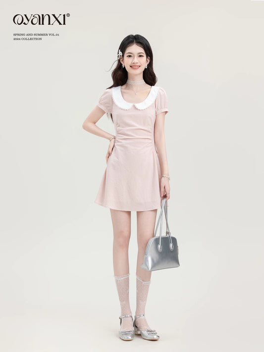 In stock for a limited time and off-season, Ouyang Xi's "White Peach Milk Ice" summer sweet waist dress for small people, discounted by 20
