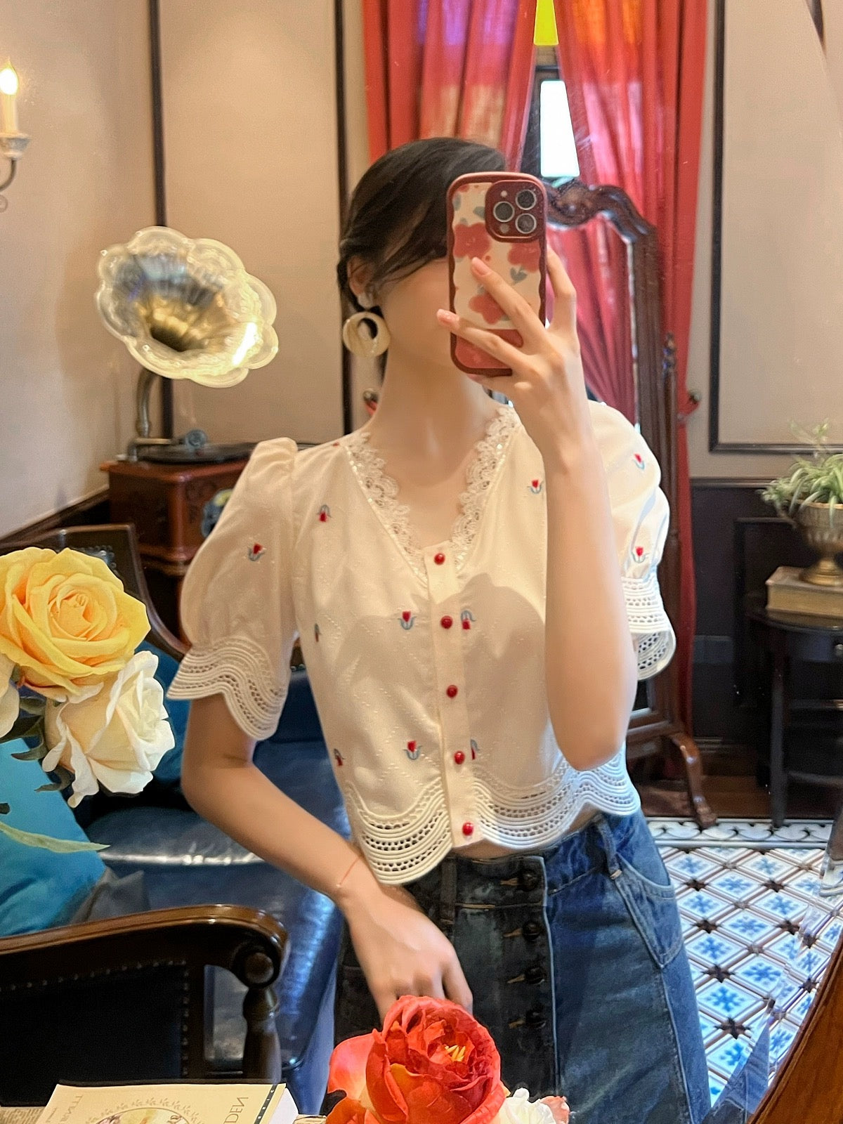 Dear Nana French chic tulip embroidery high-end loose retro short shirt 3196 original