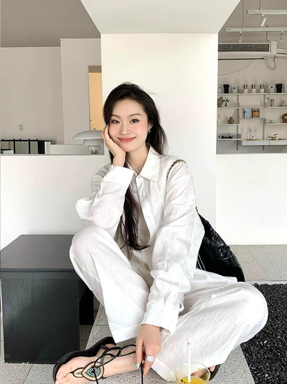 Cotton and linen women's high-end suit casual sports white shirt spring and summer fashion temperament linen sunscreen shirt two-piece set