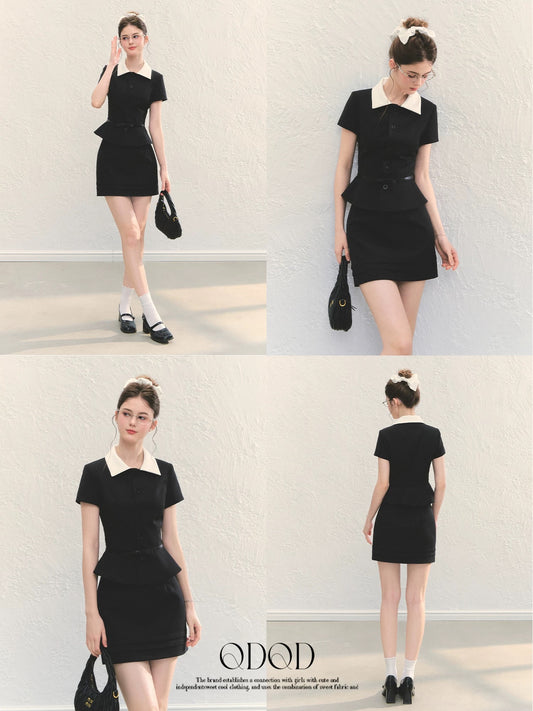 QDQD Elegant High-Class Set: Black Short-Sleeved Shirt Top, Slimming A-Line Skirt, Summer