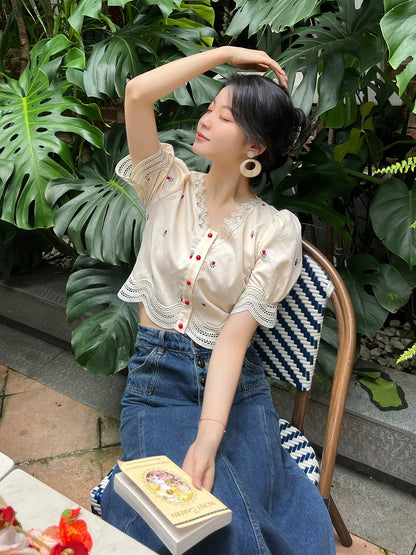 Dear Nana French chic tulip embroidery high-end loose retro short shirt 3196 original