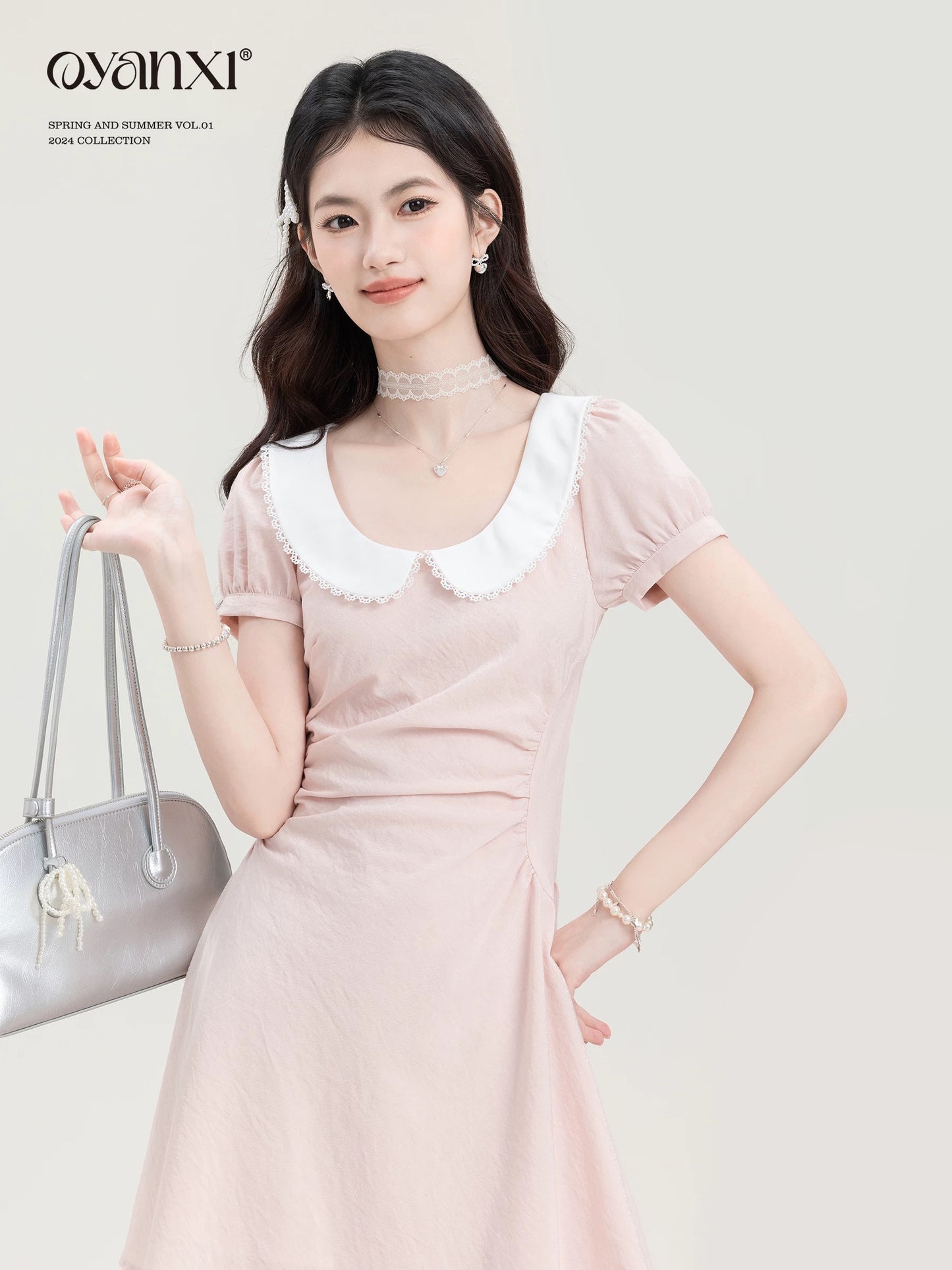 In stock for a limited time and off-season, Ouyang Xi's "White Peach Milk Ice" summer sweet waist dress for small people, discounted by 20