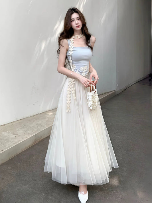Lace-trimmed sleeveless vest with ribbon trim + mesh skirt - 2026 Summer New Gentle Resort Style Women's Set