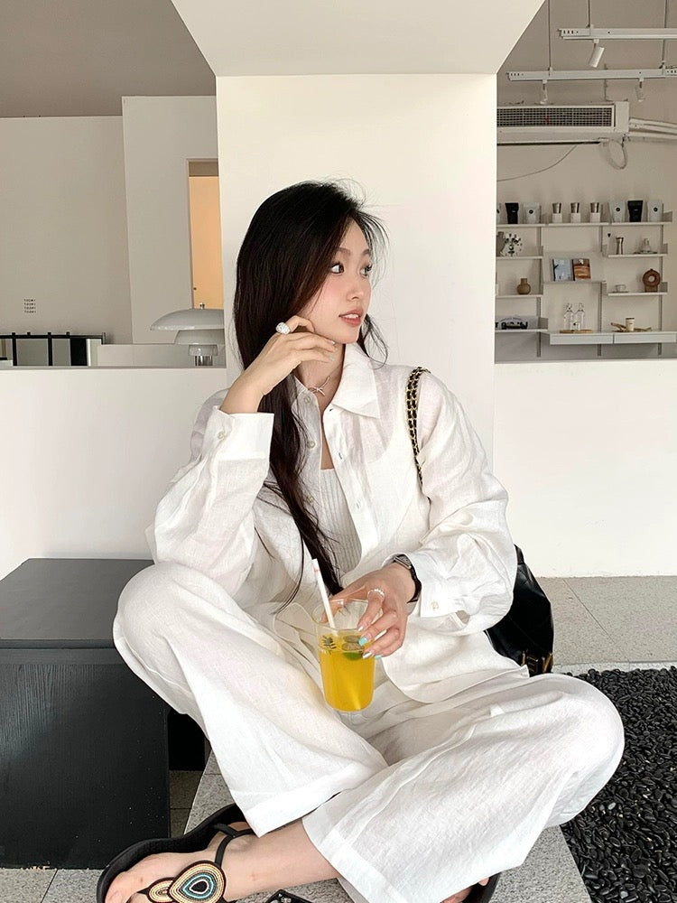 Cotton and linen women's high-end suit casual sports white shirt spring and summer fashion temperament linen sunscreen shirt two-piece set