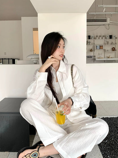 Cotton and linen women's high-end suit casual sports white shirt spring and summer fashion temperament linen sunscreen shirt two-piece set