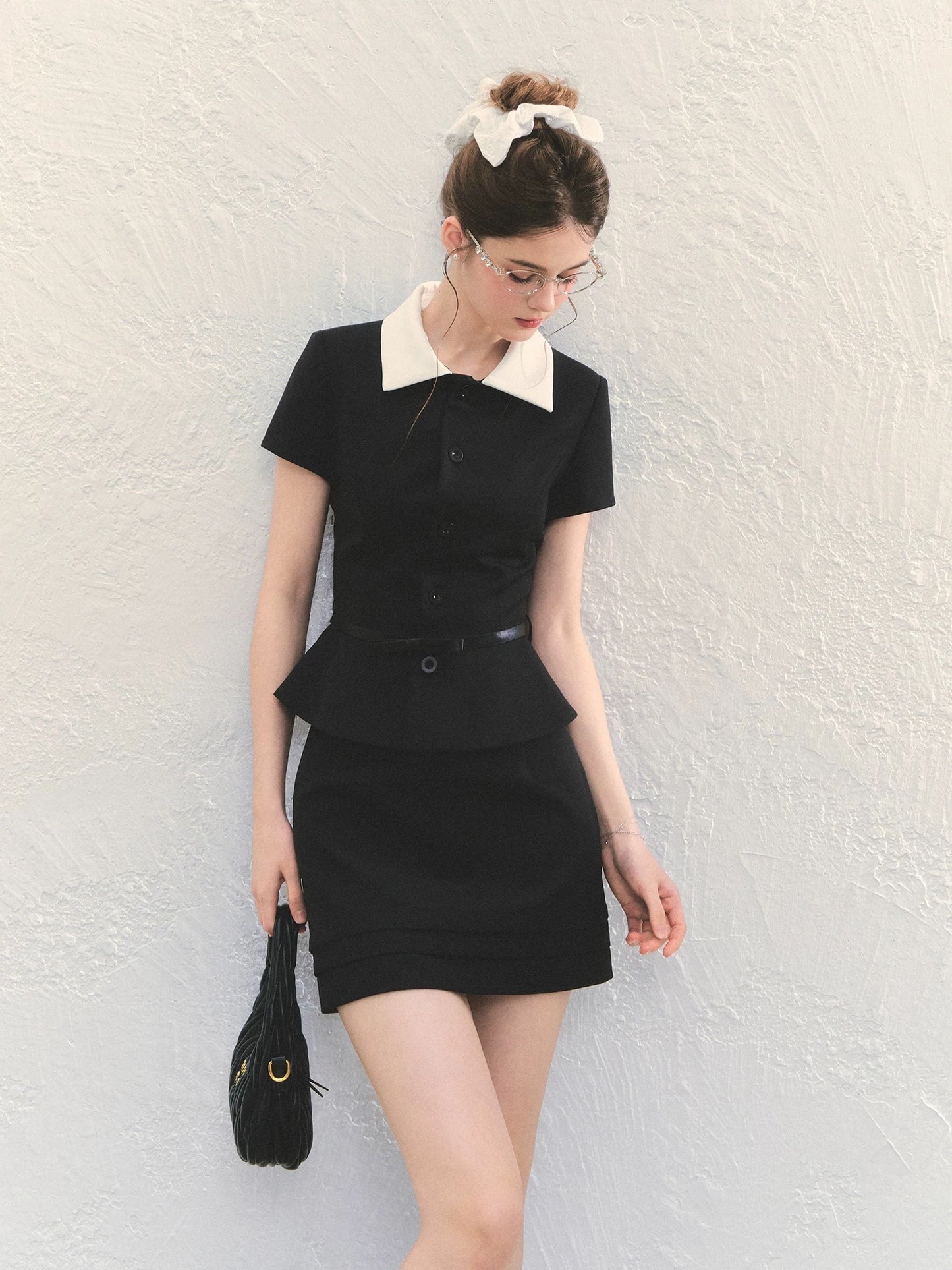 QDQD Elegant High-Class Set: Black Short-Sleeved Shirt Top, Slimming A-Line Skirt, Summer
