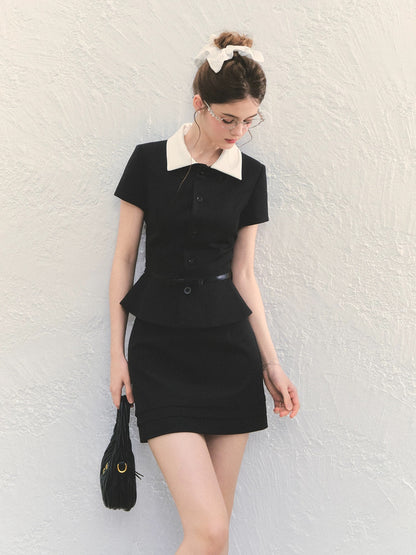 QDQD Elegant High-Class Set: Black Short-Sleeved Shirt Top, Slimming A-Line Skirt, Summer