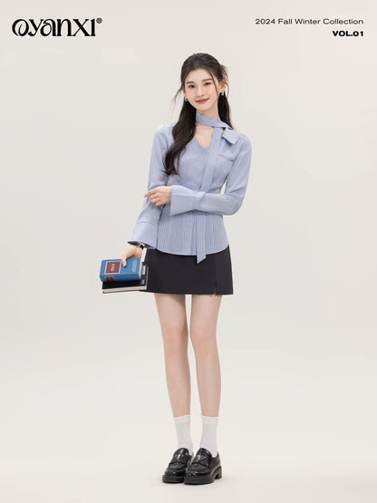 Ouyang Xi's "Navigation Diary" Autumn Striped Shirt Women's Versatile Fashion Simple Commuting Age-Reducing Lapel Shirt