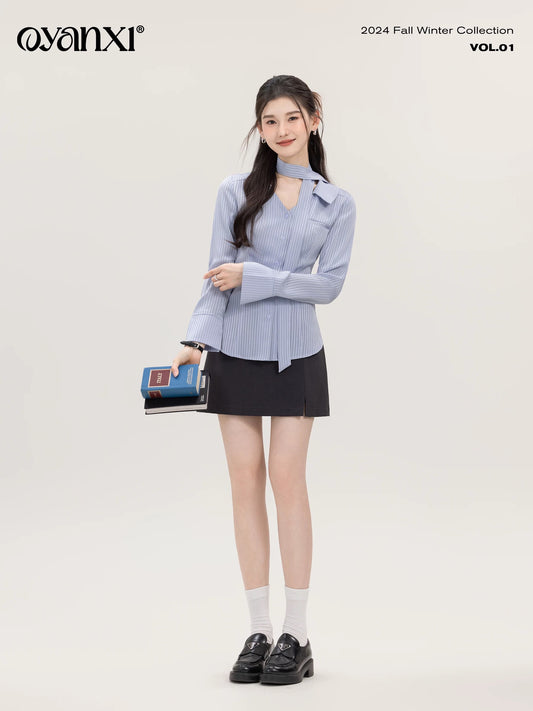 Ouyang Xi's "Navigation Diary" Autumn Striped Shirt Women's Versatile Fashion Simple Commuting Age-Reducing Lapel Shirt