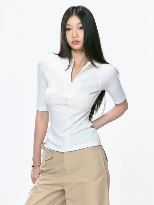 WITHMIN short-sleeved women's T-shirt summer 2025 new style straight shoulder slim fit all-match V-neck white top women's mid-sleeve