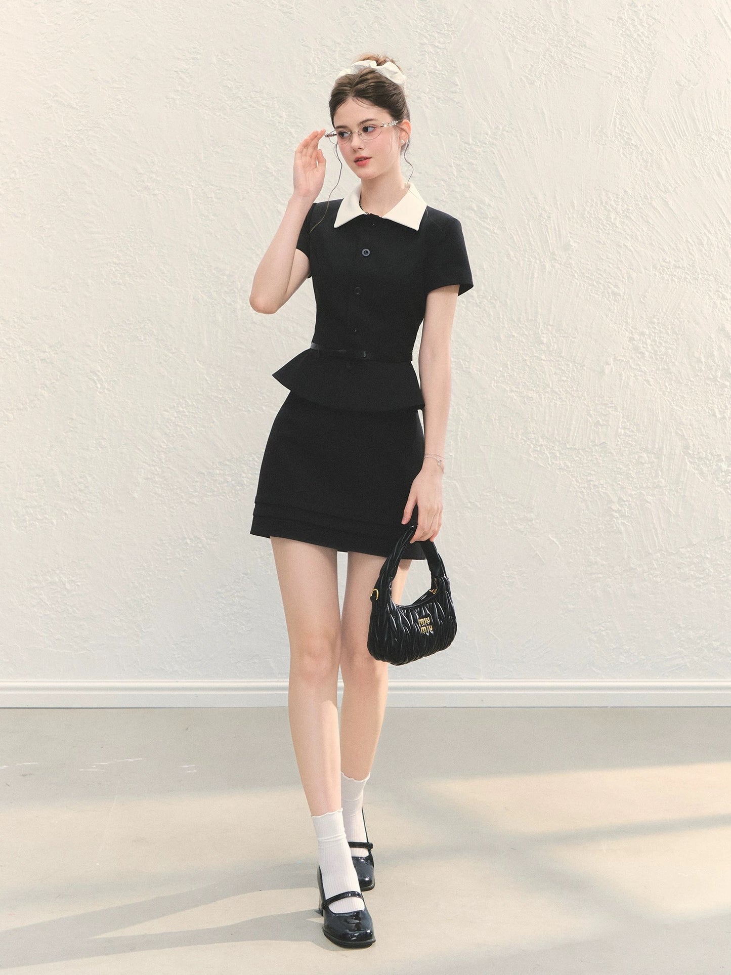 QDQD Elegant High-Class Set: Black Short-Sleeved Shirt Top, Slimming A-Line Skirt, Summer