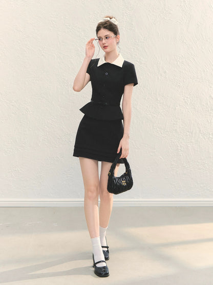 QDQD Elegant High-Class Set: Black Short-Sleeved Shirt Top, Slimming A-Line Skirt, Summer