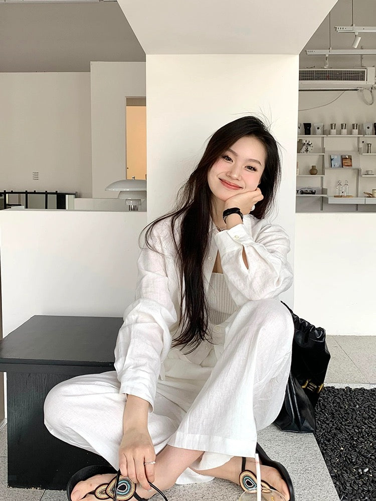 Cotton and linen women's high-end suit casual sports white shirt spring and summer fashion temperament linen sunscreen shirt two-piece set