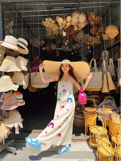 Chen Shan~Turn left dopamine wear printed halterneck suspender dress female niche chic long skirt