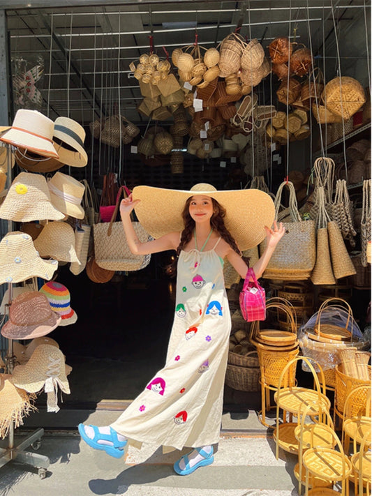 Chen Shan~Turn left dopamine wear printed halterneck suspender dress female niche chic long skirt
