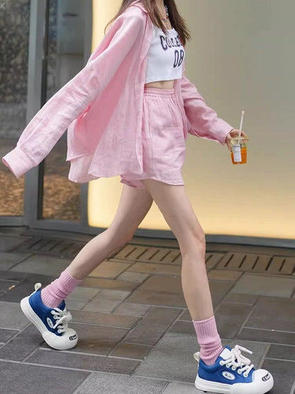 High-end cotton and linen shirt women's suit casual sports summer fashion temperament linen sun protection pink shirt two-piece set