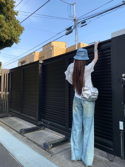 [In stock] CHICYOU "Fashionable Dirty Pants" Blue Ink Splashed Fur Trim Distressed Soft Jeans