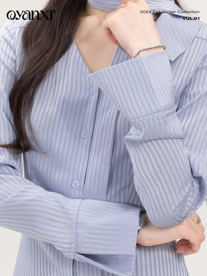 Ouyang Xi's "Navigation Diary" Autumn Striped Shirt Women's Versatile Fashion Simple Commuting Age-Reducing Lapel Shirt